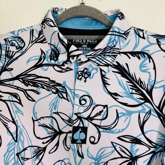 Pins & Aces Polo Shirt Men Large Cabo Blanco Floral Leaf Print Performance Golf - Picture 4 of 8